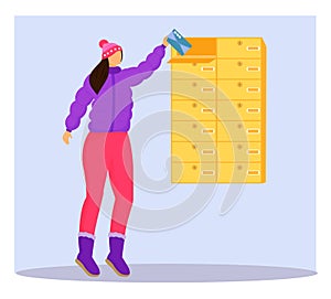 Woman in winter clothes receives letter flat color vector illustration