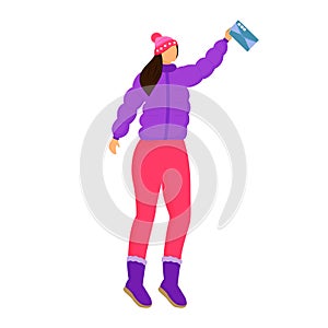 Woman in winter clothes receives letter flat color vector illustration