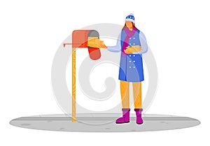 Woman in winter clothes receives post flat color vector illustration