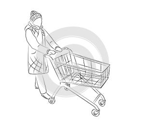 Woman in winter clothes and with shopping cart. Visiting grocery store to purchase gifts, food and drinks. Sketch