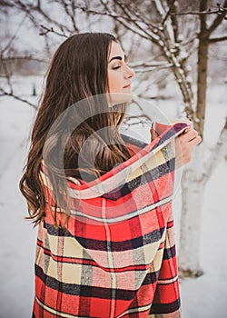 Woman at winter holidays. Christmas time, outdoor portrait