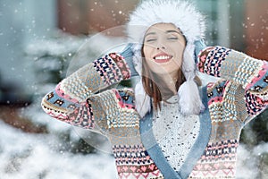 Woman winter portrait. Shallow dof.