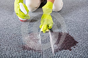 Woman Wiping Stains On The Carpet With Spray Bottle