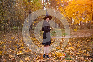 woman in witch costume with broom walking on covered with falling autumn leaves Halloween day forest