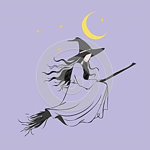 A woman in a witch costume is flying on a broomstick