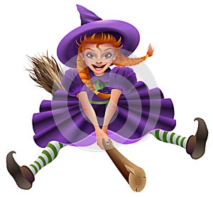 Woman witch flies on broom. Masquerade Halloween Dress