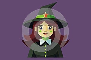 A woman with a witches hat, staring with intense green eyes, Witch Customizable Flat Illustration