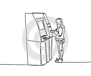 Woman withdrawing money from an ATM, cash machine, bank one line art. Continuous line drawing of bank, money, finance