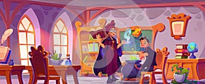 Woman wizard in magic school room with old book