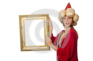 The woman wizard in red clothing isolated on white