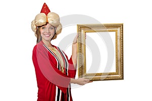 The woman wizard in red clothing isolated on white