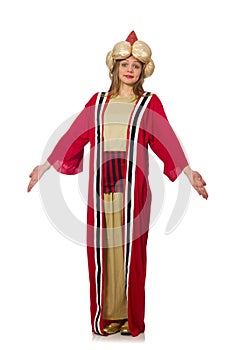 The woman wizard in red clothing isolated on white