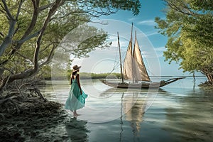 A woman with wooden sailboat as it on the crystal turquoise waters, past beaches fringed with coconut palms and mangroves. A sense