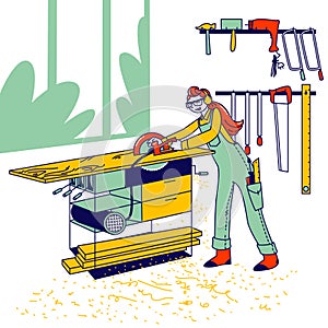 Woman Work in Carpentry Shop Concept. Girl Carpenter Character Wearing Overalls and Protective Glasses Working