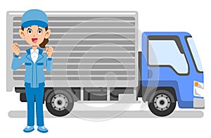 Woman in work clothes doing guts pose in front of truck