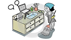Woman work from home during cleaning kitchen cartoon vector
