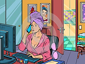 Woman work at home freelance epidemic self isolation quarantine photo