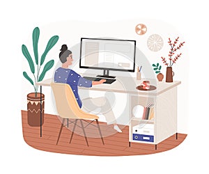 Woman work at home office with cozy modern workplace. Remote employee on chair working online at desk with desktop