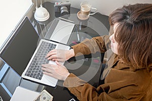 Woman work at home or remote meeting concept for corona virus or covid 19 pandemic. creative freelancer working and online