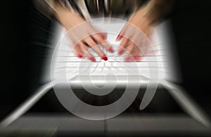 Woman work on laptop. Magnification concept. photo