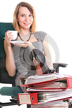 Woman work stoppage businesswoman relaxing legs up plenty of doc