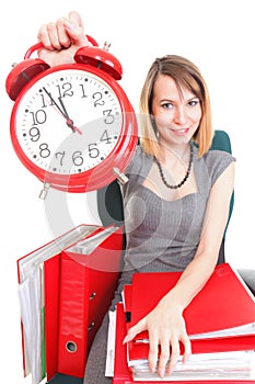 Woman work stoppage Overworked businesswoman plenty of documents