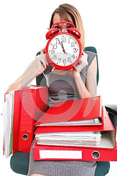 Woman work stoppage Overworked businesswoman plenty of documents