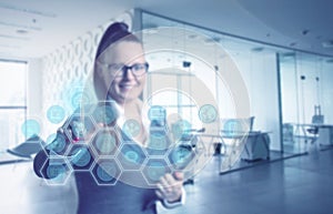 Woman work with virtual tuch panel