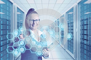 Woman work with virtual tuch panel