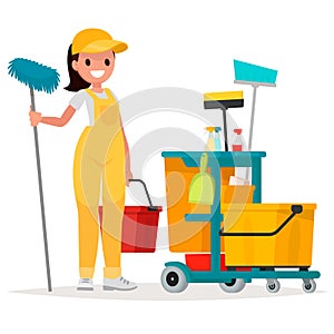 Woman worker of cleaning service is holding a mop and bucket.