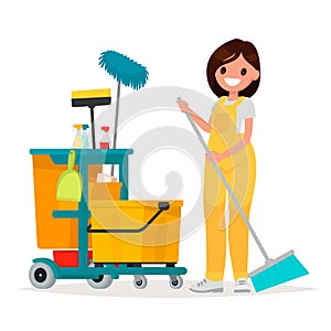 Woman worker of cleaning service is holding a mop. Vector illustration in a flat style.