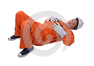 Woman worker in Mechanic Jumpsuit had an accident at work isolated on white background
