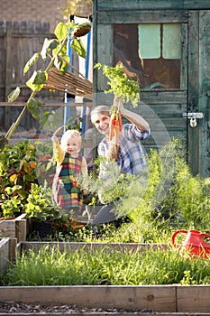 Woman working on allotment with child