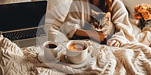 Woman working in bed on blanket using laptop and holding cup of tea, lies next to cat , concept of Work-life balance