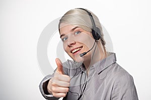 Woman working at call center calling with smile isolated over white background with large area for your text