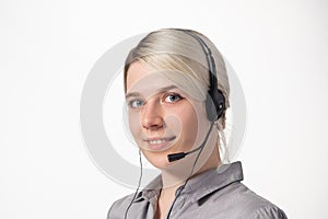 Woman working at call center calling with smile isolated over white background with large area for your text