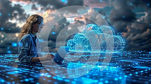 Woman Working on Cloud Computing in a Digital Environment