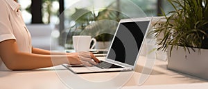 Woman working on computer in modern office, close up. Woman hands typing on keyboard of laptop, online shopping detail