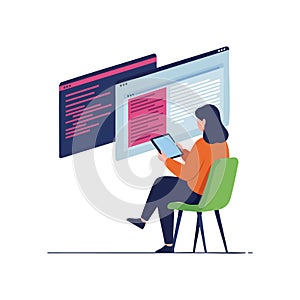 Woman Working on Computer Coding and Programming with Tablet in Modern Workspace Vector Illustration