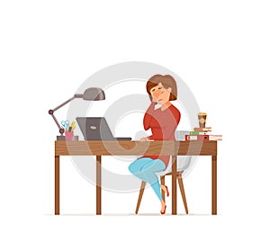 Woman working on computer colorful vector concept.