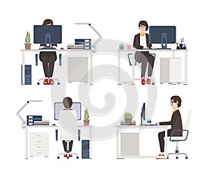 Woman working on computer. Female office worker, secretary or assistant sitting in chair at desk. Flat cartoon character