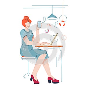 Woman working on computer and making phone calls, flat vector