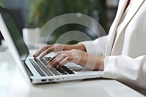 Woman working on computer in modern office, close up. Woman hands typing on keyboard of laptop, online shopping detail