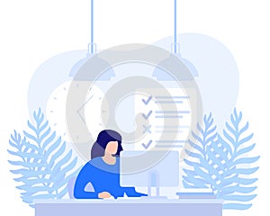 woman working at computer, task completion vector