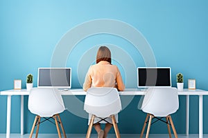 Woman working at a desk with computers. Internet and computer use concept.