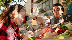 Woman working at farmers market stand helping customer