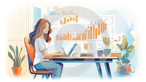 Woman working finance trade manager analyzing stock future market illustration