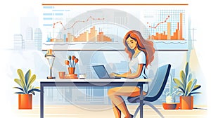 Woman working finance trade manager analyzing stock future market illustration