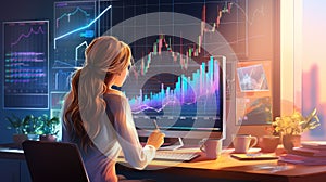 Woman working finance trade manager analyzing stock future market illustration