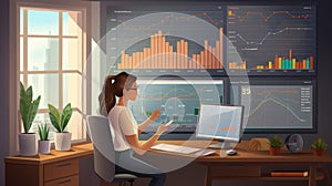 Woman working finance trade manager analyzing stock future market illustration